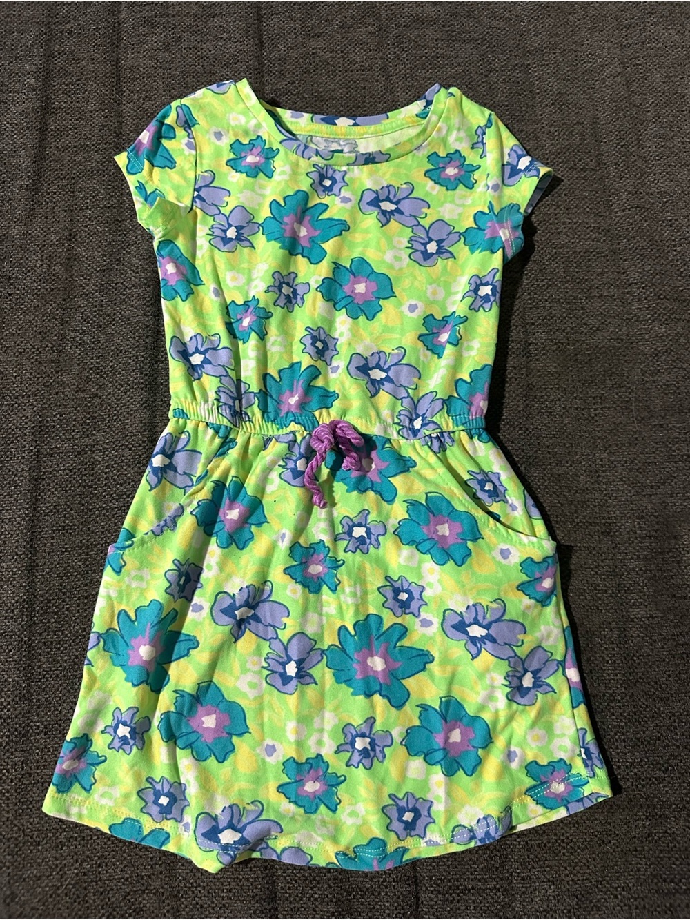 Girls' Lime Green Floral Drawstring Waist Casual Dress